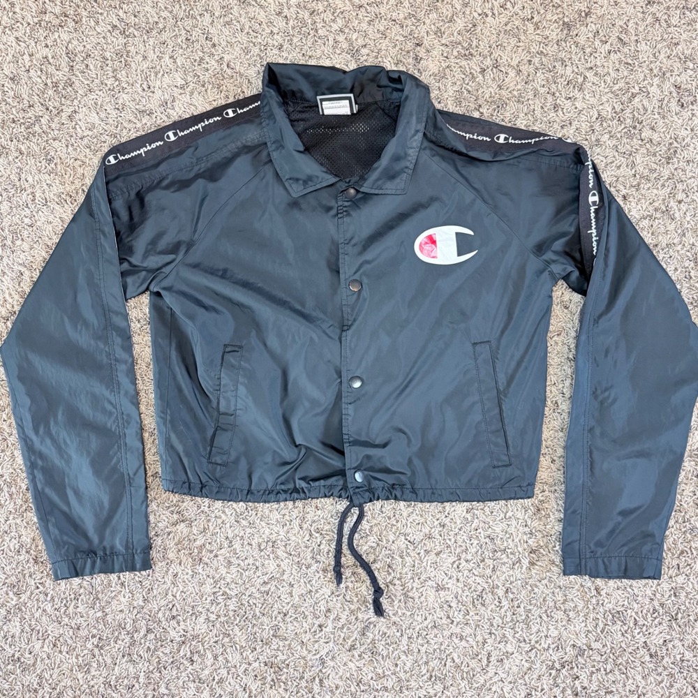 Champion Womens Black Cropped Coaches Jacket Logo Tape Windbreaker JL8501 Small